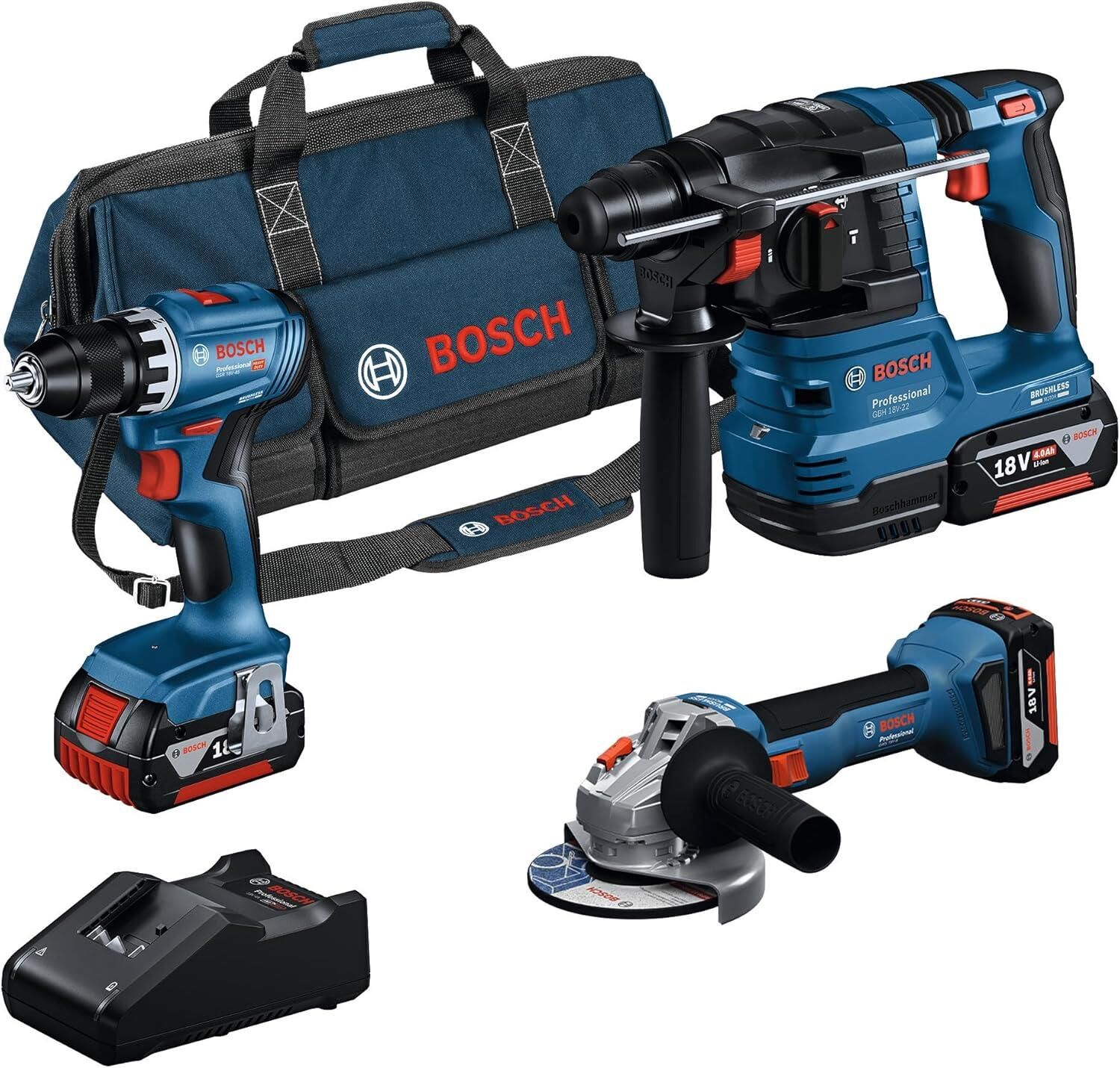 Bosch 18V Akülü Set GSR+GWS+GBH 3x 4.0Ah Akü + Şarj Aleti - 0615A5007L